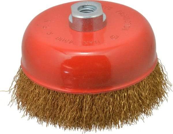 Value Collection - 6" Diam, 5/8-11 Threaded Arbor, Steel Fill Cup Brush - 0.015 Wire Diam, 4,500 Max RPM - Exact Tool & Supply