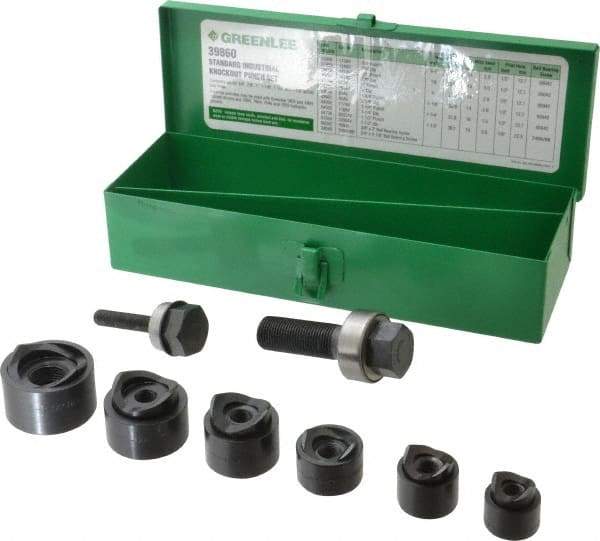 Greenlee - 15 Piece, 3/4 to 1-1/2" Punch Hole Diam, Manual Standard Punch Kit - Round Punch, 16 Gage Mild Steel - Exact Tool & Supply
