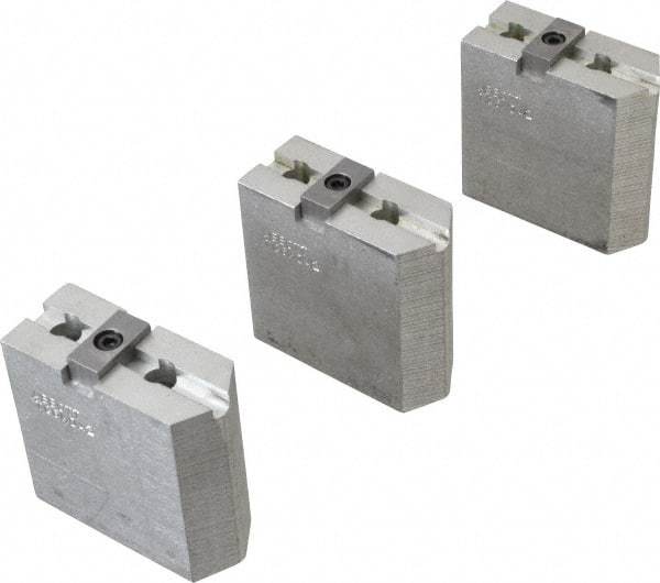 Abbott Workholding Products - 6" & Up Chuck Capacity, Tongue & Groove Attachment, Square Soft Lathe Chuck Jaw - 3 Jaws, Aluminum, 1-1/2" Btw Mount Hole Ctrs, 3" Long x 1-1/4" Wide x 3" High, 5/16" Groove, 3/8" Fastener - Exact Tool & Supply