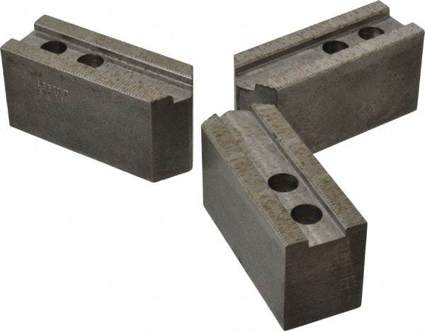 Abbott Workholding Products - 8" & Up Chuck Capacity, 1/16" x 90 Serrated Attachment, Square Soft Lathe Chuck Jaw - 3 Jaws, Steel, 29/32" Btw Mount Hole Ctrs, 4" Long x 1-1/2" Wide x 2" High, 0.669" Groove, 0.4724" & 12mm Fastener - Exact Tool & Supply