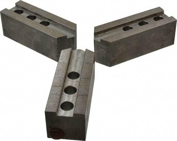Abbott Workholding Products - 12" & Up Chuck Capacity, 1/16" x 90 Serrated Attachment, Square Soft Lathe Chuck Jaw - 3 Jaws, Steel, 1.181" Btw Mount Hole Ctrs, 5-1/2" Long x 2" Wide x 2" High, 0.827" Groove, 0.6299" & 16mm Fastener - Exact Tool & Supply
