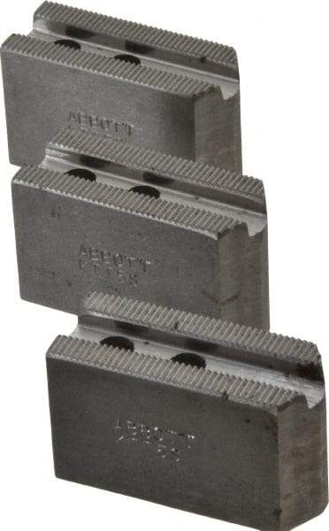 Abbott Workholding Products - 5" & Up Chuck Capacity, 1.5mm x 60° Serrated Attachment, Square Soft Lathe Chuck Jaw - 3 Jaws, Steel, 0.7087" Btw Mount Hole Ctrs, 2-1/2" Long x 1" Wide x 1-1/2" High, 0.3937" Groove, 0.315" & 8mm Fastener - Exact Tool & Supply