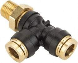 Parker - 1/2" Tube OD, 1/4 NPT Composite Push-to-Connect Tube Male Swivel Run Tee - Tube to Male NPT Connection, 250 Max psi, Buna-N O-Ring, -40 to 200°F Working Temp - Exact Tool & Supply