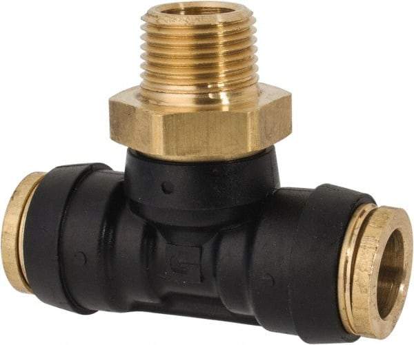 Parker - 1/2" Tube OD, 3/8 NPT Composite Push-to-Connect Tube Male Swivel Branch Tee - 250 Max psi, Tube to Male NPT Connection, Buna-N O-Ring, -40 to 200°F Working Temp - Exact Tool & Supply