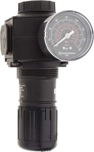 Norgren - 1/2 NPT Port, 220 CFM, Zinc Standard Regulator - 5 to 150 psi Range, 300 Max psi Supply Pressure, 1/4" Gauge Port Thread, 3.15" Wide x 6.67" High - Exact Tool & Supply