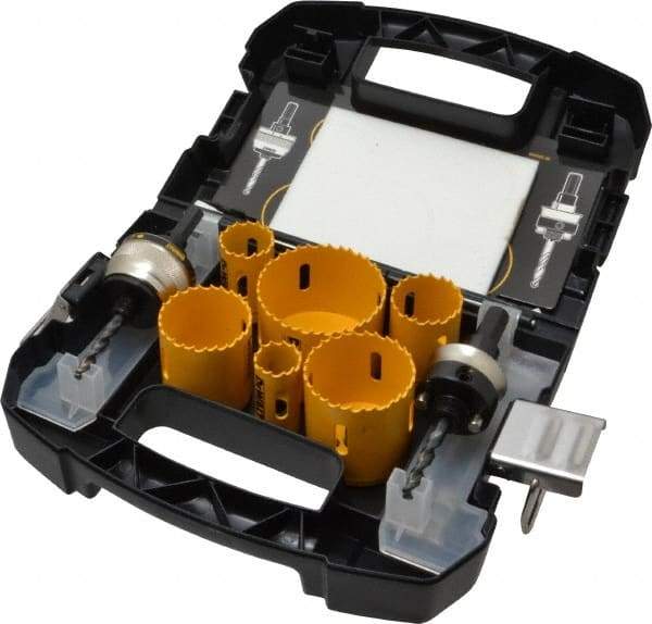 DeWALT - 9 Piece, 7/8" to 2-1/2" Saw Diam, Electrician's Hole Saw Kit - Bi-Metal, Continuous Edge, Includes 6 Hole Saws - Exact Tool & Supply