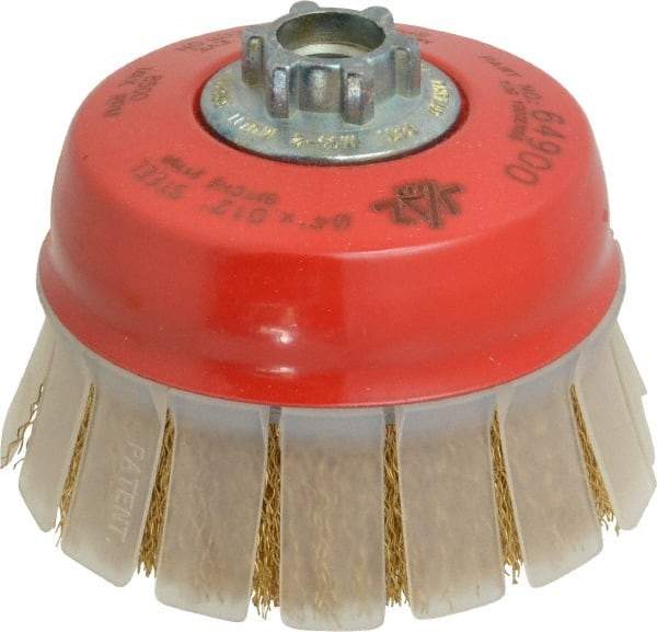 JAZ USA - 4" Diam, 5/8-11 & M14x2.00 Threaded Arbor, Steel Fill Cup Brush - 0.012 Wire Diam, 1-3/16" Trim Length, 8,500 Max RPM - Exact Tool & Supply