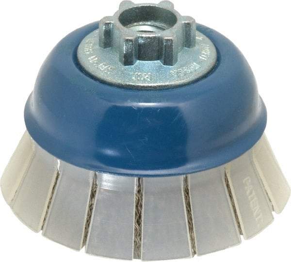 JAZ USA - 3" Diam, 5/8-11 & M14x2.00 Threaded Arbor, Stainless Steel Fill Cup Brush - 0.012 Wire Diam, 7/8" Trim Length, 13,000 Max RPM - Exact Tool & Supply