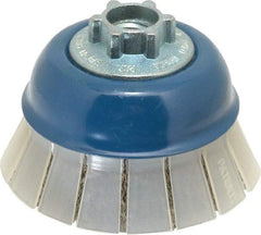JAZ USA - 3" Diam, 5/8-11 & M14x2.00 Threaded Arbor, Stainless Steel Fill Cup Brush - 0.012 Wire Diam, 7/8" Trim Length, 13,000 Max RPM - Exact Tool & Supply
