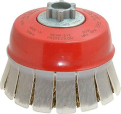 JAZ USA - 4" Diam, 5/8-11 & M14x2.00 Threaded Arbor, Steel Fill Cup Brush - 0.009 Wire Diam, 1-3/16" Trim Length, 8,500 Max RPM - Exact Tool & Supply