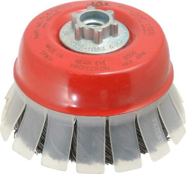 JAZ USA - 4" Diam, 5/8-11 & M14x2.00 Threaded Arbor, Steel Fill Cup Brush - 0.02 Wire Diam, 1-1/8" Trim Length, 8,500 Max RPM - Exact Tool & Supply