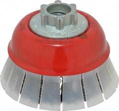 JAZ USA - 2-3/4" Diam, 5/8-11 & M14x2.00 Threaded Arbor, Steel Fill Cup Brush - 0.02 Wire Diam, 3/4" Trim Length, 15,000 Max RPM - Exact Tool & Supply