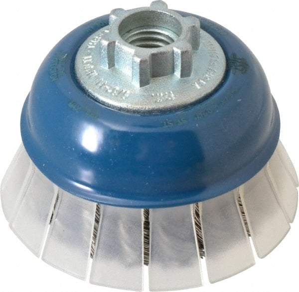 JAZ USA - 2-3/4" Diam, 5/8-11 & M14x2.00 Threaded Arbor, Stainless Steel Fill Cup Brush - 0.02 Wire Diam, 3/4" Trim Length, 15,000 Max RPM - Exact Tool & Supply