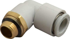 SMC PNEUMATICS - 10mm OD, 1/4 Universal, Brass/Polybutylene Push-to-Connect Male Elbow - 145 Max psi, White - Exact Tool & Supply
