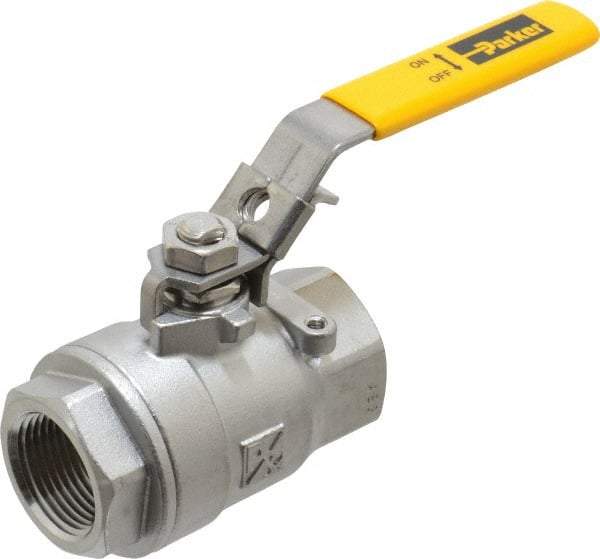 Parker - 1" Pipe, Full Port, Stainless Steel Standard Ball Valve - 2 Piece, Inline - One Way Flow, FNPT x FNPT Ends, Padlock Handle, 2,000 WOG, 150 WSP - Exact Tool & Supply