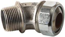 Cooper Crouse-Hinds - 0.55 to 0.65" Cable Capacity, Liquidtight, Elbow Strain Relief Cord Grip - 3/4 NPT Thread, 2-17/32" Long, Malleable Iron - Exact Tool & Supply