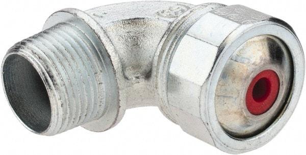 Cooper Crouse-Hinds - 0.15 to 1/4" Cable Capacity, Liquidtight, Elbow Strain Relief Cord Grip - 3/4 NPT Thread, 2-5/16" Long, Malleable Iron - Exact Tool & Supply