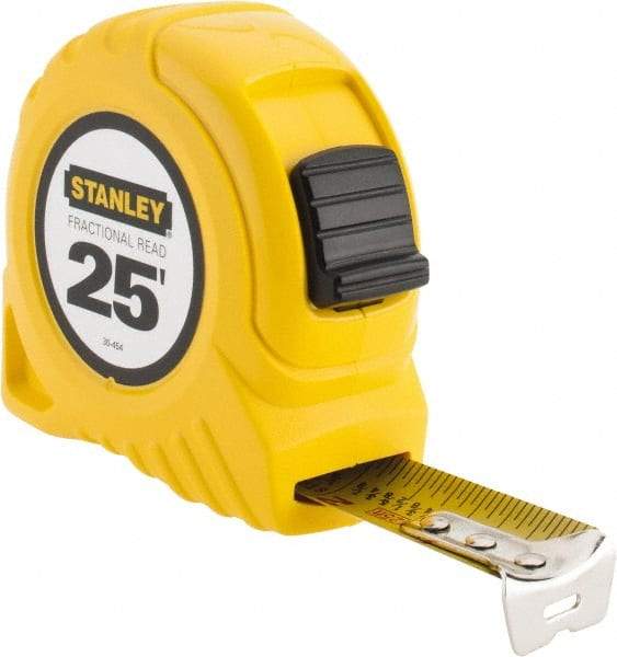 Stanley - 25' x 1" Yellow Blade Tape Measure - 1/16 & 1/8" Graduation, Inch Graduation Style, Yellow Case - Exact Tool & Supply