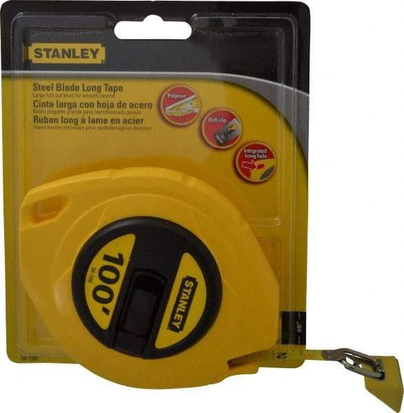 Stanley - 100' x 3/8" Yellow Blade Tape Measure - 1/8" Graduation, Inch Graduation Style, Yellow Case - Exact Tool & Supply