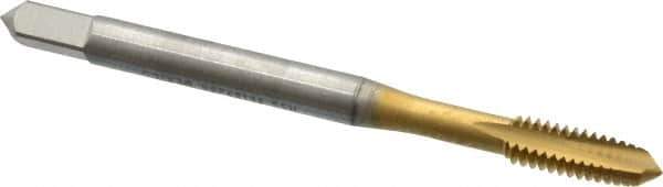 OSG - #8-32 UNC, 2 Flute, TiN Finish, High Speed Steel Spiral Point Tap - Plug Chamfer, Right Hand Thread, 2-1/8" OAL, 3/4" Thread Length, 0.168" Shank Diam, 2B Class of Fit, Series 288 - Exact Tool & Supply