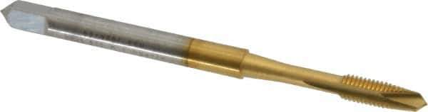 OSG - M3x0.50 Metric Coarse, 2 Flute, TiN Finish, High Speed Steel Spiral Point Tap - Plug Chamfer, Right Hand Thread, 1-15/16" OAL, 5/8" Thread Length, 0.141" Shank Diam, 6H Class of Fit, Series 288 - Exact Tool & Supply