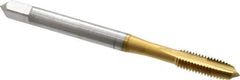 OSG - M5x0.80 Metric Coarse, 2 Flute, TiN Finish, High Speed Steel Spiral Point Tap - Plug Chamfer, Right Hand Thread, 2-3/8" OAL, 7/8" Thread Length, 0.194" Shank Diam, 6H Class of Fit, Series 288 - Exact Tool & Supply
