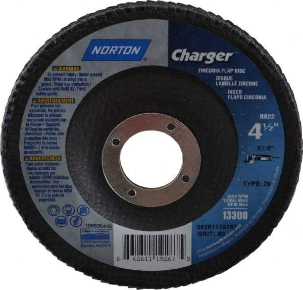 Norton - 80 Grit, 4-1/2" Disc Diam, 7/8" Center Hole, Type 29 Zirconia Alumina Flap Disc - 13,000 Max RPM, Fiberglass Backing, Arbor Attaching System, Coated - Exact Tool & Supply