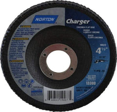 Norton - 80 Grit, 4-1/2" Disc Diam, 7/8" Center Hole, Type 29 Zirconia Alumina Flap Disc - 13,000 Max RPM, Fiberglass Backing, Arbor Attaching System, Coated - Exact Tool & Supply