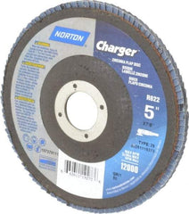 Norton - 80 Grit, 5" Disc Diam, 7/8" Center Hole, Type 29 Zirconia Alumina Flap Disc - 13,000 Max RPM, Fiberglass Backing, Coated - Exact Tool & Supply