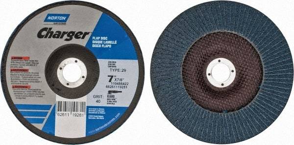 Norton - 40 Grit, 7" Disc Diam, 7/8" Center Hole, Type 29 Zirconia Alumina Flap Disc - 8,600 Max RPM, Fiberglass Backing, Arbor Attaching System, Coated - Exact Tool & Supply