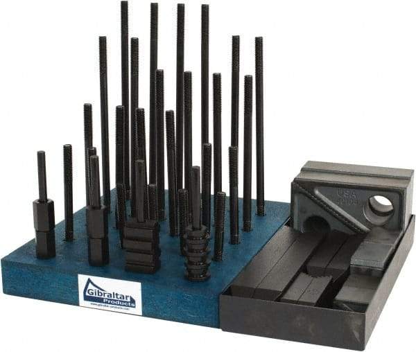 Gibraltar - 50 Piece Fixturing Step Block & Clamp Set with 1" Step Block, 7/16" T-Slot, 3/8-16 Stud Thread - 11/16" Nut Width, 3, 4, 5, 6, 7 & 8" Stud Lengths - Exact Tool & Supply