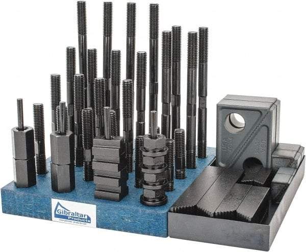 Gibraltar - 50 Piece Fixturing Step Block & Clamp Set with 1" Step Block, 5/8" T-Slot, 1/2-13 Stud Thread - 1" Nut Width, 3, 4, 5, 6, 7 & 8" Stud Lengths - Exact Tool & Supply