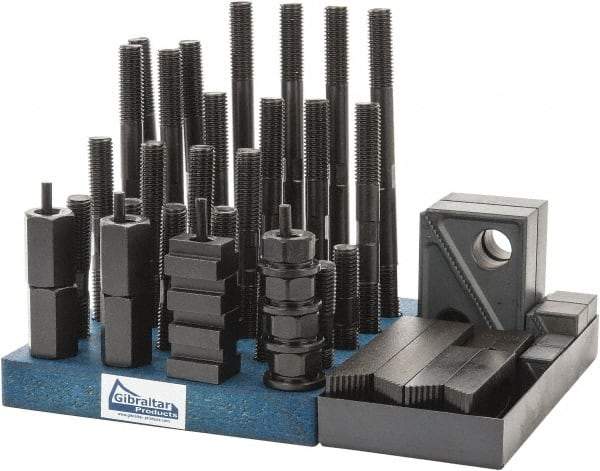 Gibraltar - 50 Piece Fixturing Step Block & Clamp Set with 1" Step Block, 11/16" T-Slot, 5/8-11 Stud Thread - 1-1/8" Nut Width, 3, 4, 5, 6, 7 & 8" Stud Lengths - Exact Tool & Supply