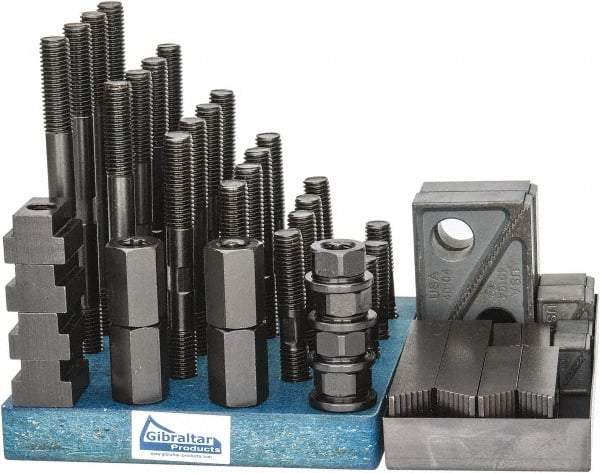Gibraltar - 50 Piece Fixturing Step Block & Clamp Set with 1" Step Block, 13/16" T-Slot, 5/8-11 Stud Thread - 1-1/4" Nut Width, 3, 4, 5, 6, 7 & 8" Stud Lengths - Exact Tool & Supply
