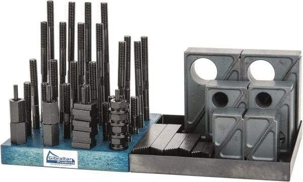 Gibraltar - 50 Piece Fixturing Step Block & Clamp Set with 1-1/2" Step Block, 9/16" T-Slot, 1/2-13 Stud Thread - 7/8" Nut Width, 3, 4, 5, 6, 7 & 8" Stud Lengths - Exact Tool & Supply