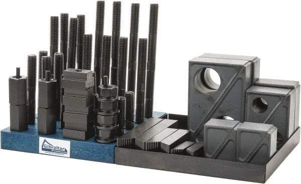 Gibraltar - 50 Piece Fixturing Step Block & Clamp Set with 1-1/2" Step Block, 13/16" T-Slot, 5/8-11 Stud Thread - 1-1/4" Nut Width, 3, 4, 5, 6, 7 & 8" Stud Lengths - Exact Tool & Supply