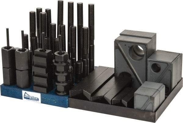 Gibraltar - 50 Piece Fixturing Step Block & Clamp Set with 1-1/2" Step Block, 13/16" T-Slot, 3/4-10 Stud Thread - 1-1/4" Nut Width, 3, 4, 5, 6, 7 & 8" Stud Lengths - Exact Tool & Supply