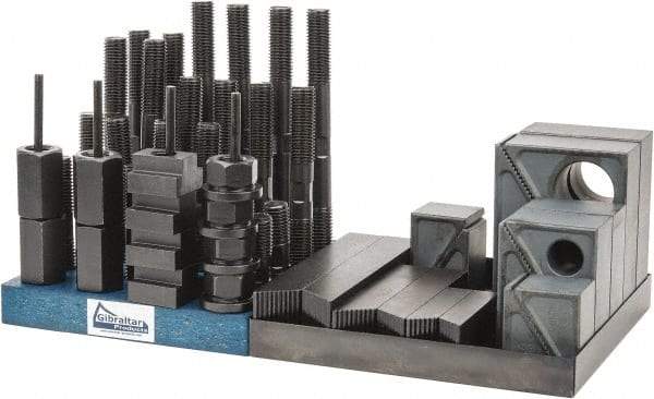 Gibraltar - 50 Piece Fixturing Step Block & Clamp Set with 1-1/2" Step Block, 7/8" T-Slot, 3/4-10 Stud Thread - 1-1/2" Nut Width, 3, 4, 5, 6, 7 & 8" Stud Lengths - Exact Tool & Supply