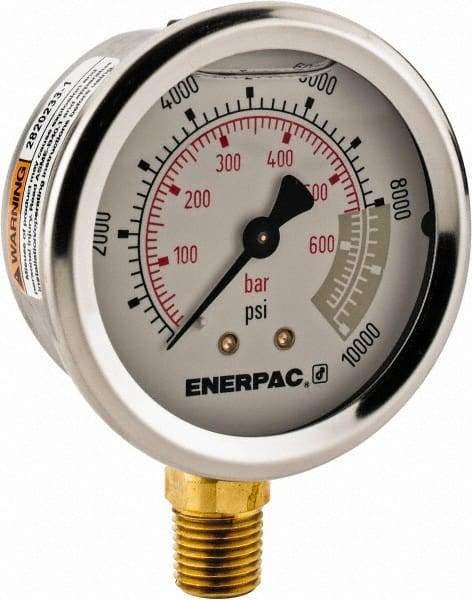 Enerpac - 0 to 10,000 psi Pressure Rating, 1/4 NPTF Gauge Connection, Hydraulic Pressure Liquid Filled Gage - 2-1/2" Face Diam - Exact Tool & Supply