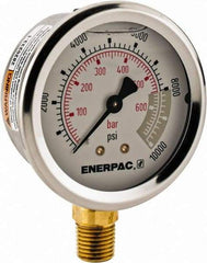 Enerpac - 0 to 10,000 psi Pressure Rating, 1/4 NPTF Gauge Connection, Hydraulic Pressure Liquid Filled Gage - 2-1/2" Face Diam - Exact Tool & Supply