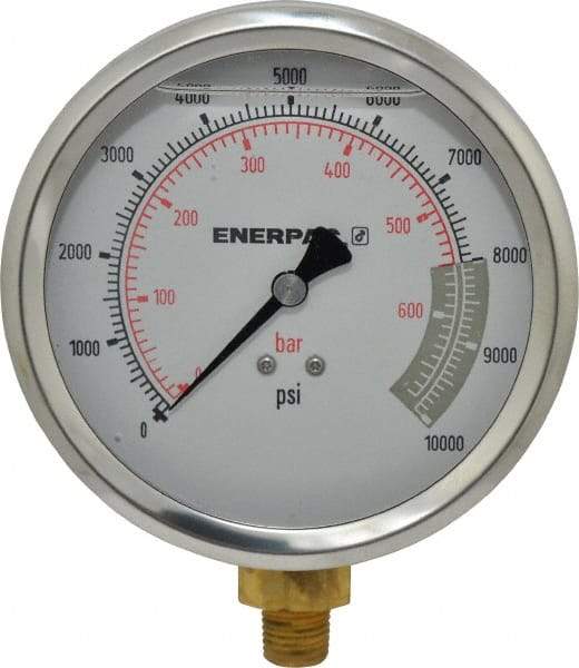 Enerpac - 0 to 10,000 psi Pressure Rating, 1/4 NPTF Gauge Connection, Hydraulic Pressure Liquid Filled Gage - 4" Face Diam - Exact Tool & Supply
