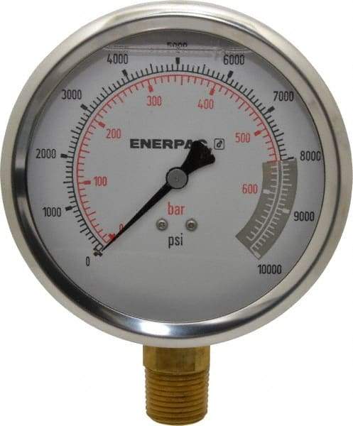 Enerpac - 0 to 10,000 psi Pressure Rating, 1/2 NPTF Gauge Connection, Hydraulic Pressure Liquid Filled Gage - 4" Face Diam - Exact Tool & Supply