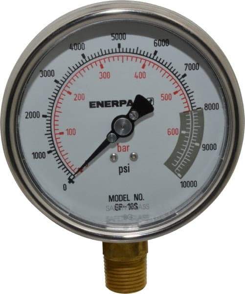 Enerpac - 0 to 10,000 psi Pressure Rating, 1/2 NPTF Gauge Connection, Hydraulic Pressure Dry Gage - 4" Face Diam - Exact Tool & Supply