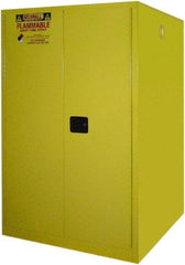 Securall Cabinets - 43" Wide x 31" Deep x 65" High, 18 Gauge Steel Vertical Drum Cabinet with 3 Point Key Lock - Yellow, Manual Closing Door, 1 Shelf, 2 Drums, Drum Rollers Included - Exact Tool & Supply