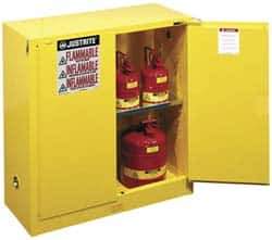 Justrite - 2 Door, 1 Shelf, Yellow Steel Standard Safety Cabinet for Flammable and Combustible Liquids - 44" High x 43" Wide x 18" Deep, Self Closing Door, 3 Point Key Lock, 30 Gal Capacity - Exact Tool & Supply
