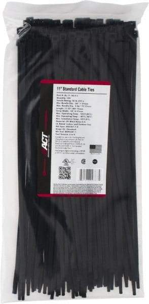Made in USA - 11-1/4" Long Black Nylon Standard Cable Tie - 50 Lb Tensile Strength, 1.32mm Thick, 77.78mm Max Bundle Diam - Exact Tool & Supply