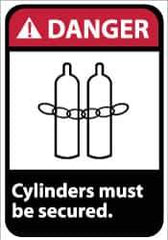 NMC - "Danger - Cylinders Must Be Secured", 14" Long x 10" Wide, Pressure-Sensitive Vinyl Safety Sign - Rectangle, 0.004" Thick, Use for Accident Prevention - Exact Tool & Supply