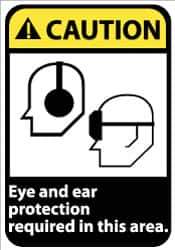 NMC - "Caution - Eye and Ear Protection Required in This Area", 14" Long x 10" Wide, Pressure-Sensitive Vinyl Safety Sign - Rectangle, 0.004" Thick, Use for Accident Prevention - Exact Tool & Supply