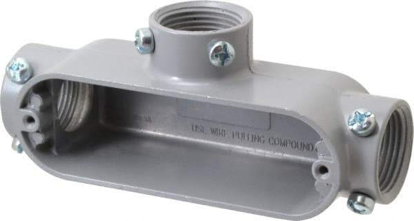 Cooper Crouse-Hinds - Form 5, T Body, 1" Trade, EMT, IMC, Rigid Aluminum Conduit Body - Rectangle, 6.33" OAL, 12.2 cc Capacity, Gray - Exact Tool & Supply
