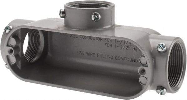 Cooper Crouse-Hinds - Form 5, T Body, 1-1/2" Trade, EMT, IMC, Rigid Aluminum Conduit Body - Rectangle, 8.45" OAL, 33.1 cc Capacity, Gray - Exact Tool & Supply